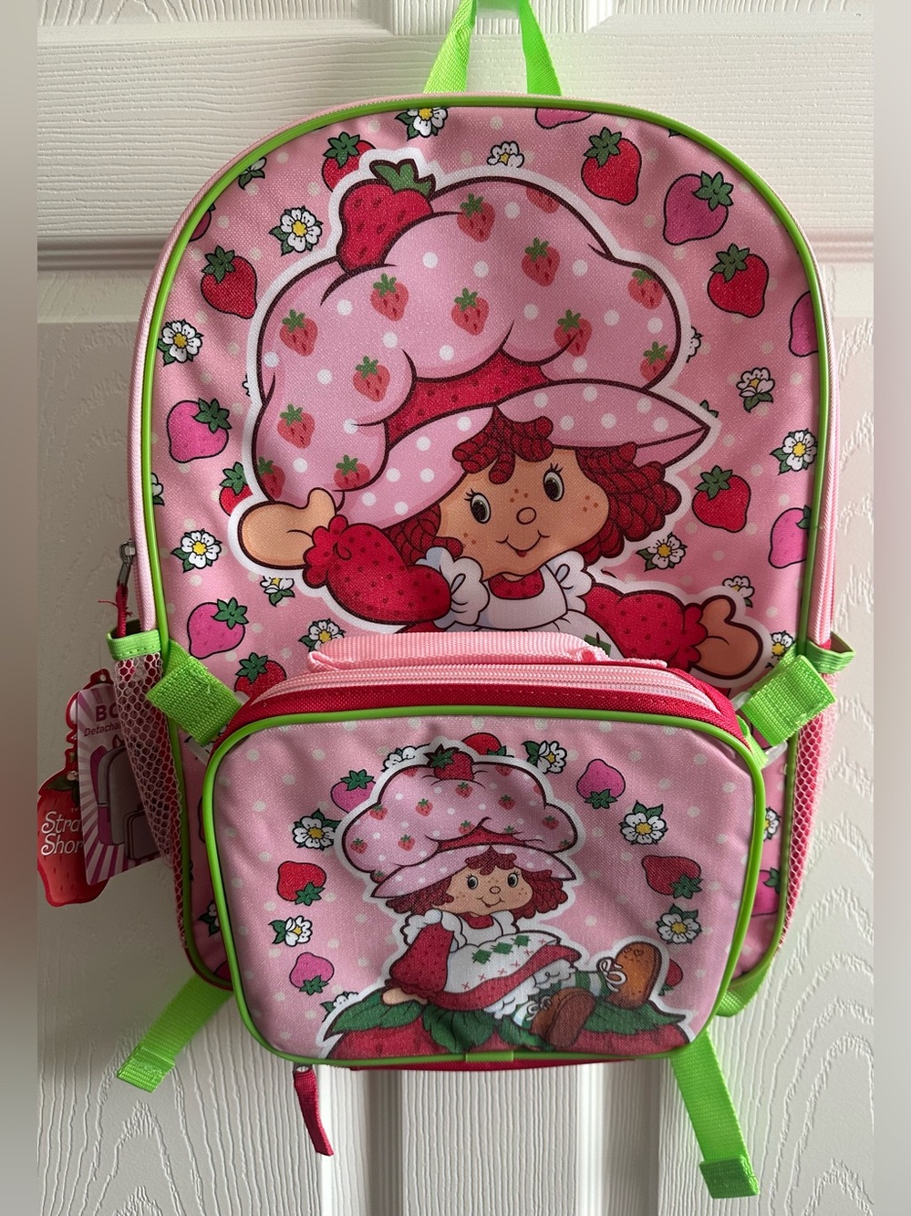 Strawberry Character Kids Backpack Pink & Green Accents lunch bag 16” new